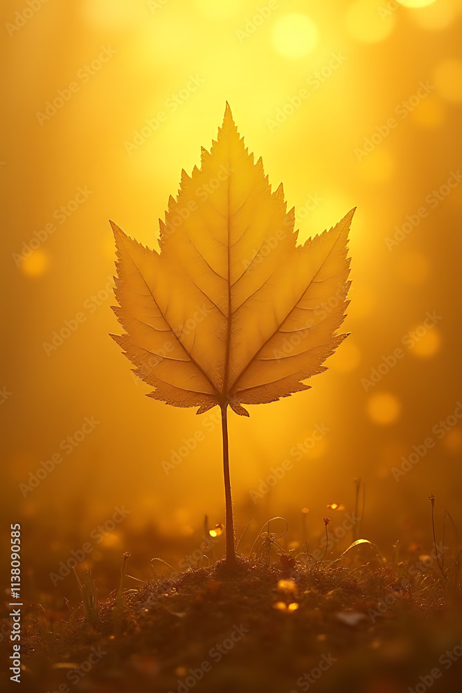 Poster a delicate golden light illuminates a single abstract tree leaf on its surrounding richly textured g