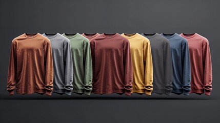 A set of plain t-shirts hanging on hangers in black, white, grey and red colors. A mockup template design asset showing a flat lay background
