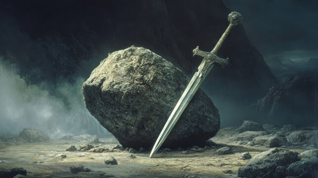 A vintage style illustration of  Excalibur the sword in the stone from the Arthurian legends