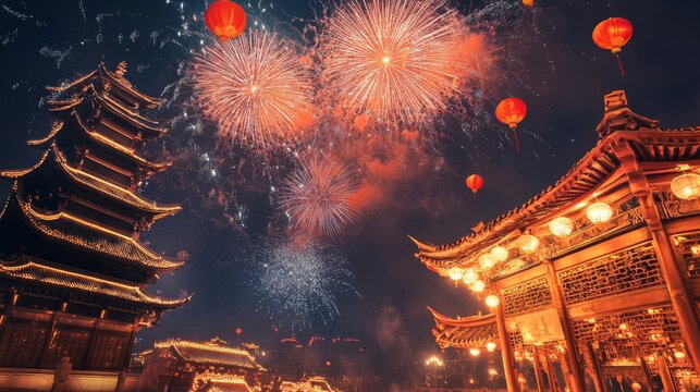 Fireworks and Festivities Photograph of Chinese new year fireworks celebrations on the chinese temple background