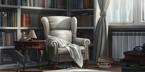 Library Corner with Armchair, Bookshelves, and Books