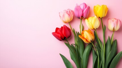 Fototapeta premium flowers on light pink background. Springtime composition with copy space. Flat lay style