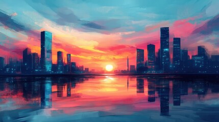 Fototapeta premium sunrise over futuristic cityscape, colorful sky with hues of pink, blue, and orange, reflections on modern buildings, soft and serene atmosphere
