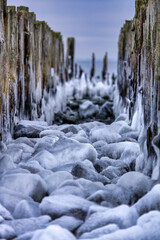 Frozen Baltic Sea beach in Babie Doły at sunset, Gdynia. Poland