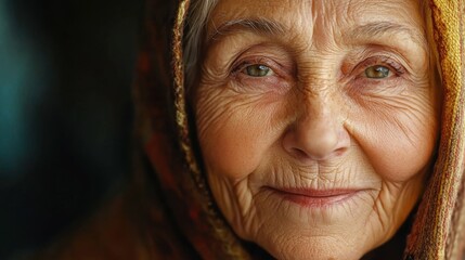 close-up of elderly woman with wise eyes, soft wrinkles, warm smile, rich life experience in every detail, perfect for storytelling