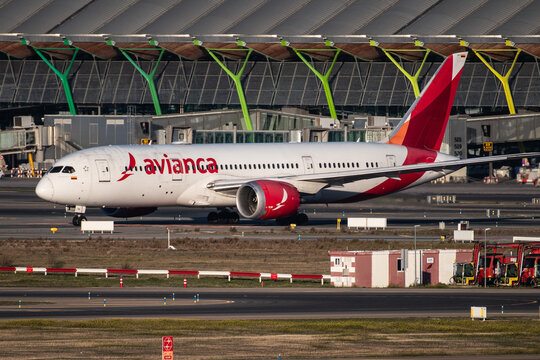 An Avianca airplane in a runway of Adolfo Suarez Madrid-Barajas Airport, on the 15th of December of 2024, in Madrid, Spain.