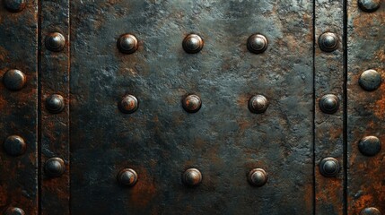 Fototapeta premium close-up of weathered metal plate with rivets, rich textures and deep rust, perfect for illustrating industrial themes