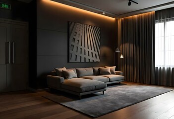 A modern living room with a gray sectional sofa, a large abstract geometric wall feature, and a wooden floor. The room has a warm, cozy atmosphere with indirect lighting