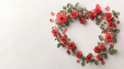 Obraz premium A watercolor illustration of a heart-shaped floral frame made of vibrant red roses and delicate green leaves