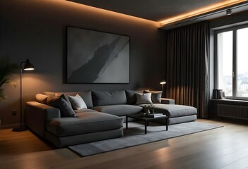 A modern living room with a gray sectional sofa, a large abstract geometric wall feature, and a wooden floor. The room has a warm, cozy atmosphere with indirect lighting