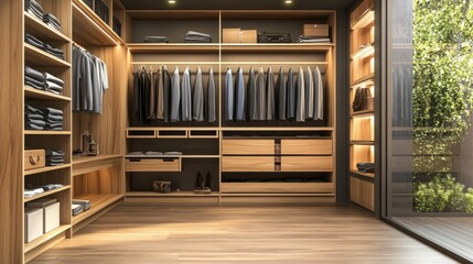 3D illustration of a contemporary wooden kitchen with an open wardrobe showcasing shelving units and organized storage.