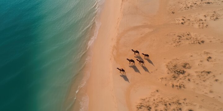 A birds-eye view of camels scattered across the sandy expanse of the Doha Peninsula