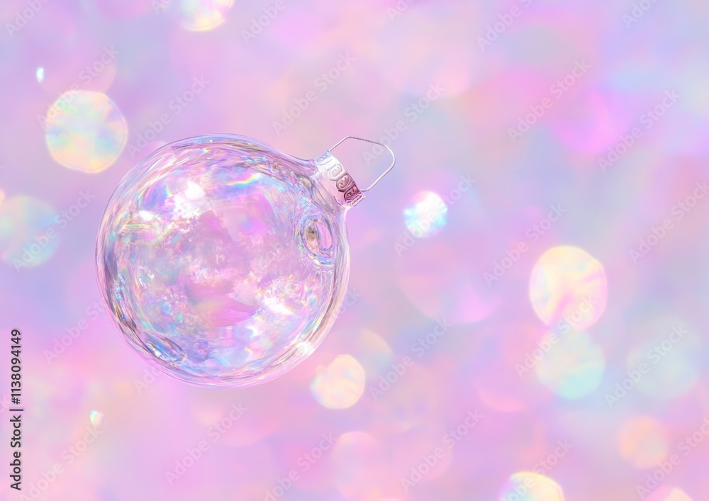 Poster macro shot of a translucent christmas ornament with colorful bokeh on light purple background
