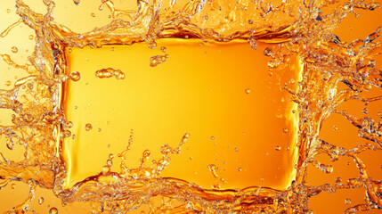 Transparent orange liquid splash. Juice frame. Water, honey, oil, juice, beer, shampoo. Vector illustration.