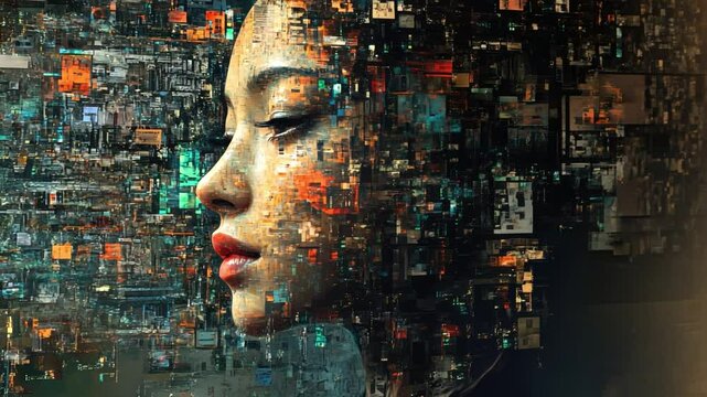 Digital metamorphosis: A woman's face morphs into a complex digital landscape, symbolizing the fusion of human consciousness and technology.  A surreal and evocative artwork exploring themes of AI.