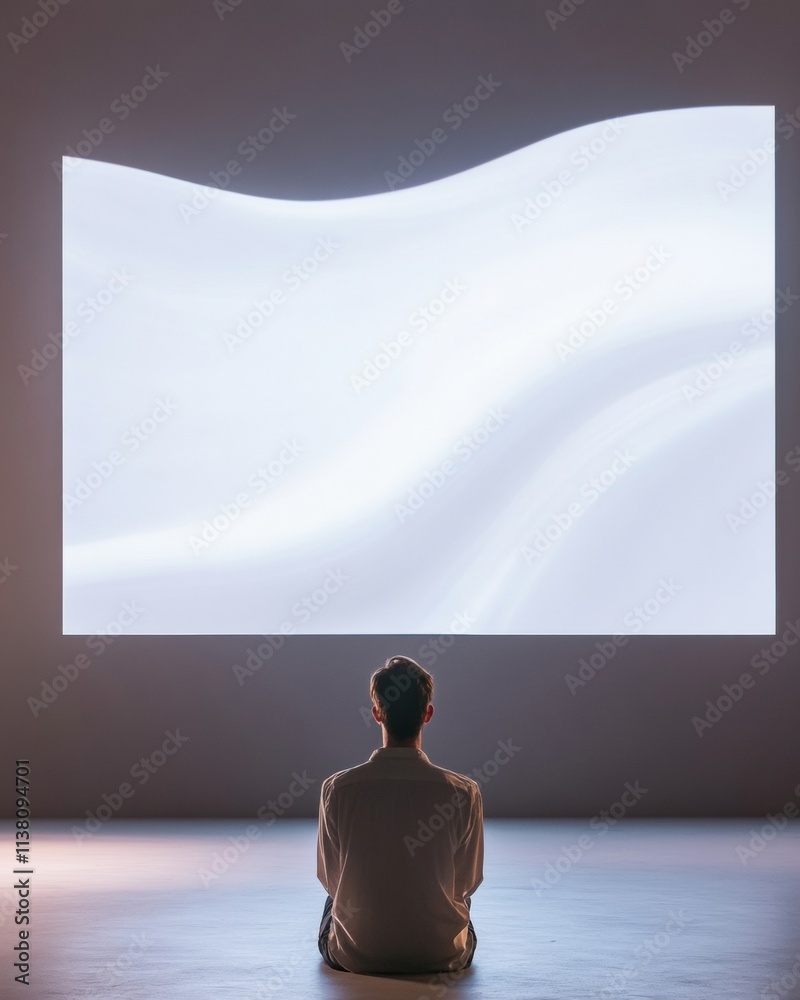 Poster serene contemplation man engrossed in abstract visuals on large screen in minimalist setting