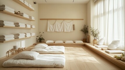 A bright and calming minimalist room featuring light wooden floors, cozy white daybeds, and neatly arranged linens on open shelves.