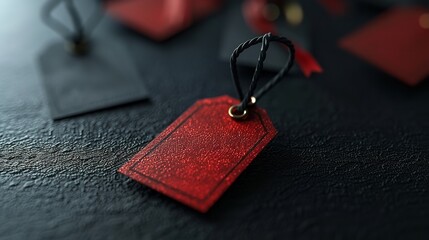 Elegant black tag with a matte finish and gold fastener on a dark, textured background