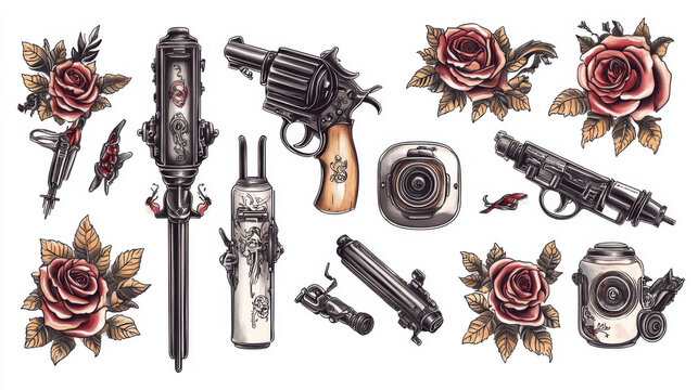 Series set of tattoo flash design elements with tattooists gun or machine