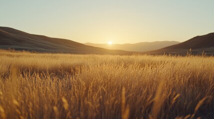 golden wheat field at sunset with hills in the background