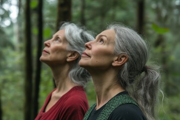 Fototapeta premium two women looking up in a forest