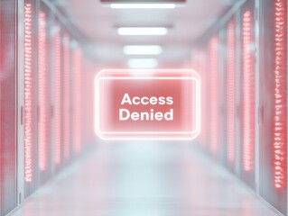 Futuristic Data Center with Holographic Access Denied Icon and Glowing Cables