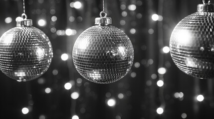 Hanging mirrored disco balls with bokeh lights, monochrome.