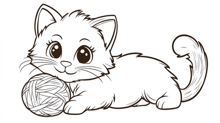A cute cartoon kitten playing with a ball of yarn.