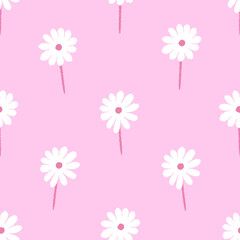 Cute hand drawn chamomile seamless pattern in pink colors. Hand drawn simple white daisies isolated on pink background. Childish ditsy floral allover illustration