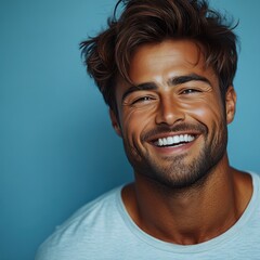 Obraz premium A young man with casual t-shirt is smiling at the camera, solid color background