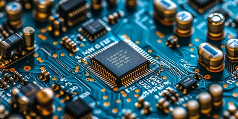 Obraz premium Futuristic AI Chip on Blue Circuit Board