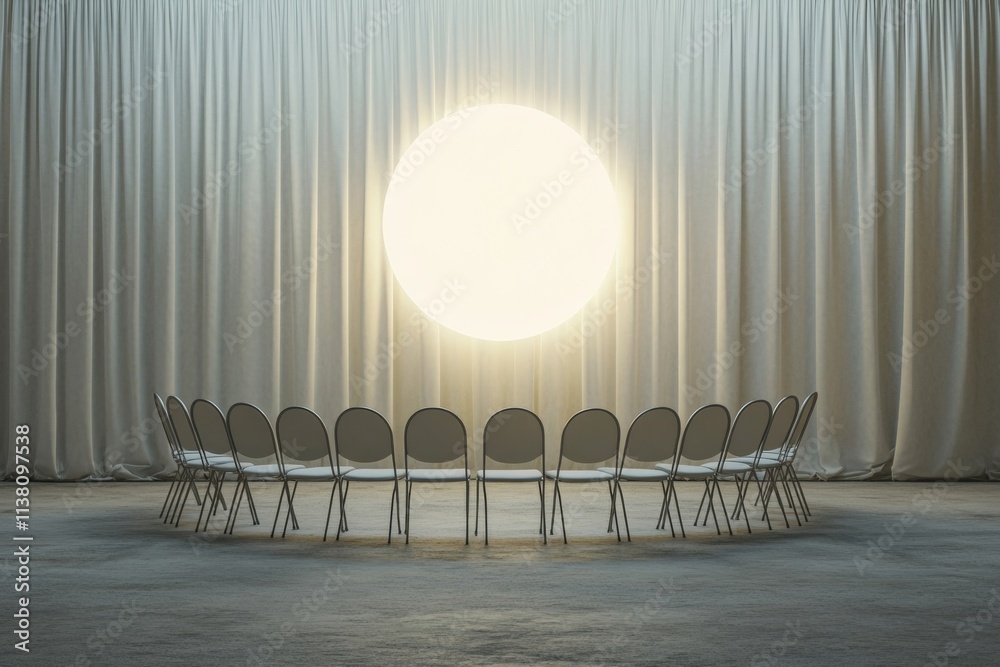 Poster surreal circular seating minimalist gathering space with spotlight illumination