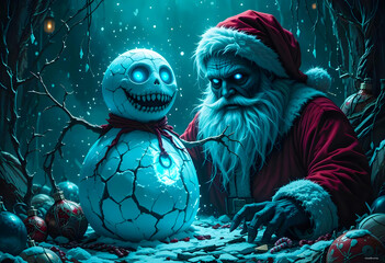 Monster Santa With Ghost Snow Man Christmas Design Dark And Scary Anowing And Glowing Eyes,Dark And Misty Background illustration Design