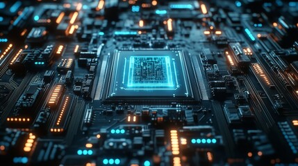 Fototapeta premium Futuristic AI Chip on Circuit Board Close-Up