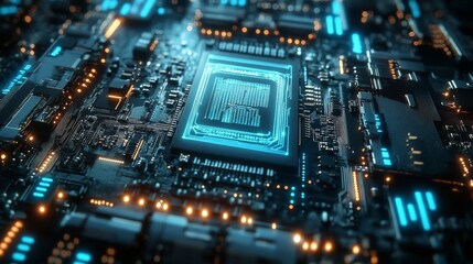 Obraz premium Futuristic AI Chip on Circuit Board Close-Up