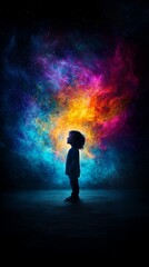 Child standing beneath swirling nebulae and bright stars
