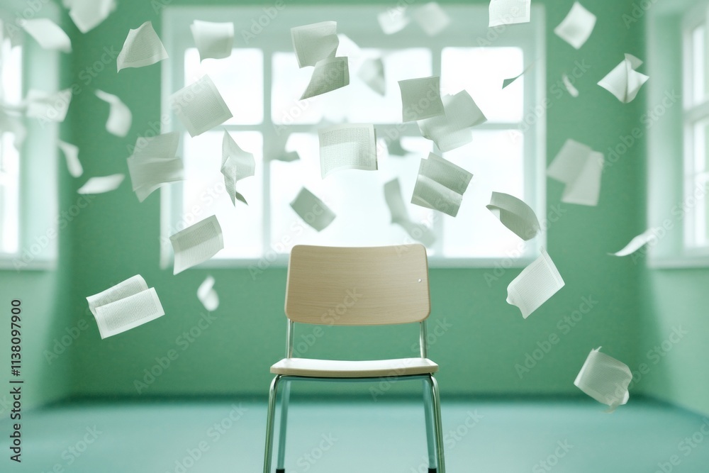 Poster surreal floating papers in a minimalist study space