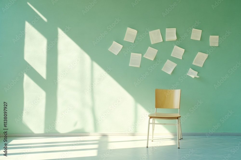 Poster Minimalist Study Space with Floating Papers and Soft Shadows