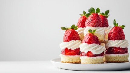 stack of gourmet strawberry and cream desserts on white plate, arranged on minimalist white background, elegant delicious food photography