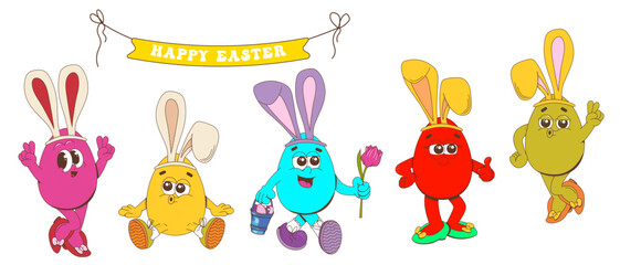 Set of easter groovy element vector.A collection of Easter funny character eggs. Colorful Easter eggs.