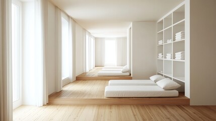 Bright minimalist interior with wooden floors, built-in white daybeds, and open shelves displaying neatly arranged linens