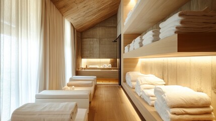 Bright minimalist interior with wooden floors, built-in white daybeds, and open shelves displaying neatly arranged linens