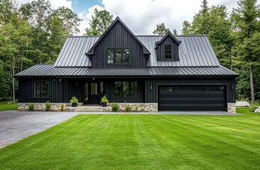 Black farmhouse exterior with vertical siding and metal roof, large front yard with green grass, modern windows