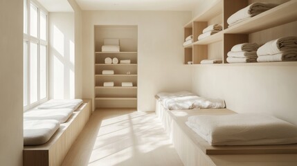 Bright, minimalist room with white walls, light wood flooring, built-in daybeds, and open shelves displaying folded linens in soft tones.