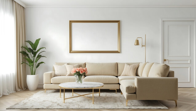 View of living room space with golden brown sofa set and marble coffee table on plain wall with blank picture frame