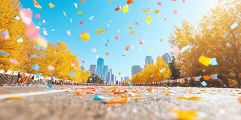 Vibrant Marathon Finish Line with Celebrating Runners and City Skyline