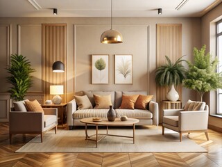 Stylish beige living room showcases framed artwork in a 3D rendering, perfect for home decor inspiration.