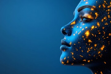 A 3D-rendered face with intricate makeup resembling a galaxy, with stars and nebulas flowing from the skin