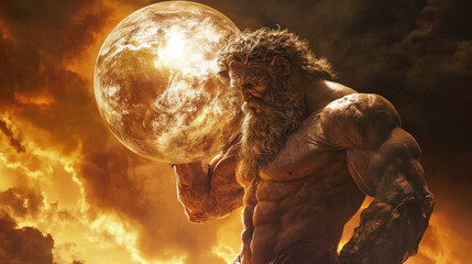 Atlas titan from Greek mythology symbol of strength sentenced by the Gods to hold up the sky represented by a globe