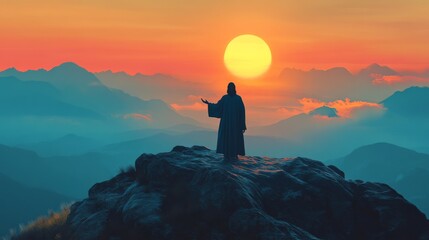 Obraz premium Silhouette of jesus delivering a powerful sermon illuminated by the setting sun on a mountain top